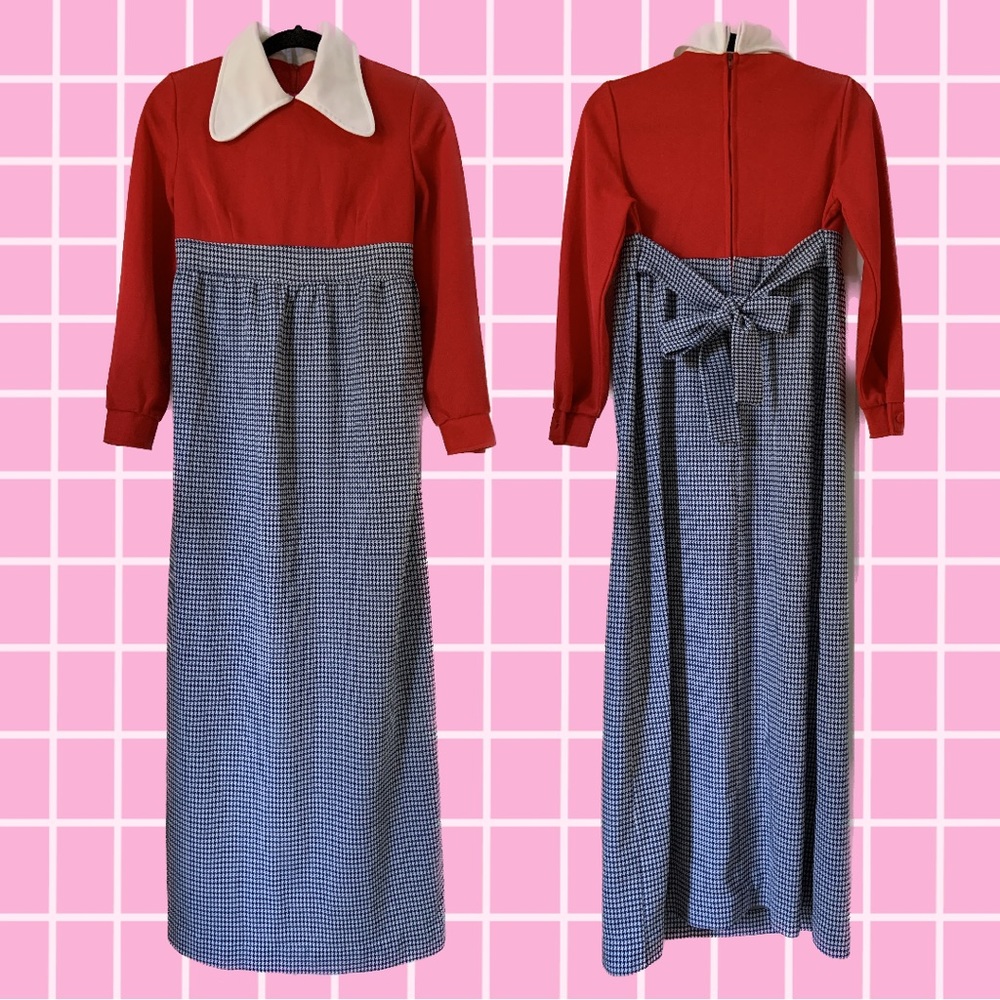 Vintage 1970s Red, White, and Blue Maxi Dress With Ties and Collar union made